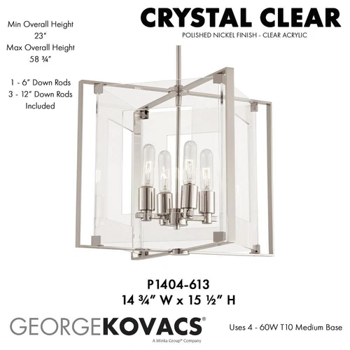 George Kovacs P1404-613 Crystal Clear 4-Lights Polished Nickel Candle Pendant - Picture 3 of 6