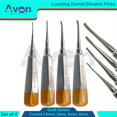 Set of 4PCS Dental Root Extraction Elevators, 1.5mm+2mm+3mm+4mm, Gold, Stainless