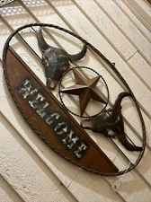 NEW Cow Skull Welcome Sign Steel Oval Rustic Star Farm Country Cowboy Metal ￼￼