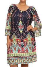 Navy, Boho Paisley Tunic Plus Size Dress 1X,2X,3X