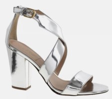 J CREW Callie High Heel Sandals  Women 8.5  Prom Silver Leather Block Wedding