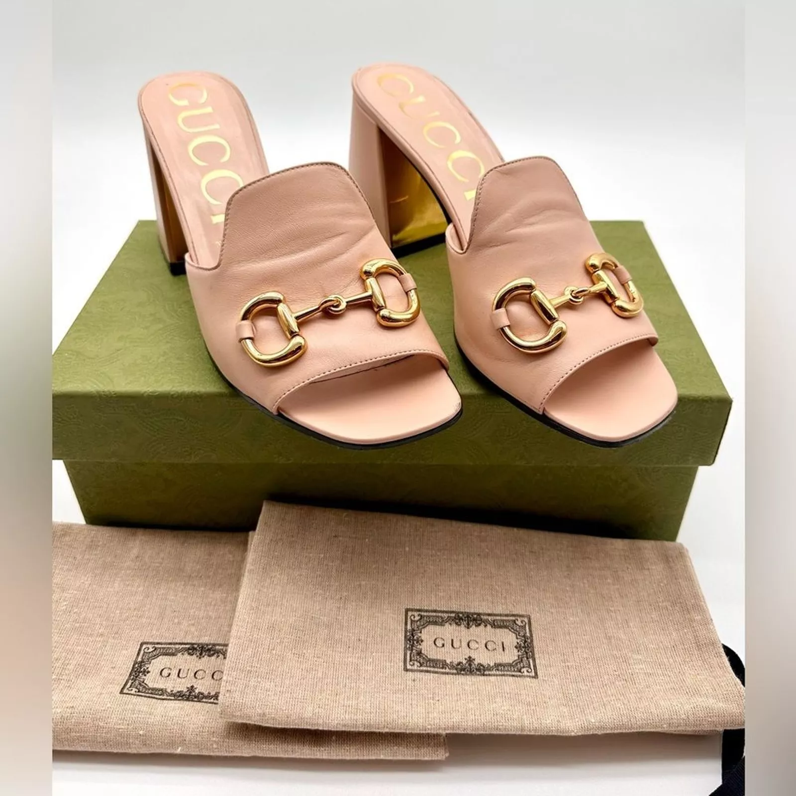 Gucci Baby Horsebit bloc talon slide mules cuir rose EU 41 US 11