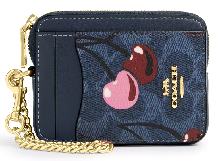 💙Coach Zip Card Case - CZ468 Denim Blue Canvas w/Red Pink Cherry