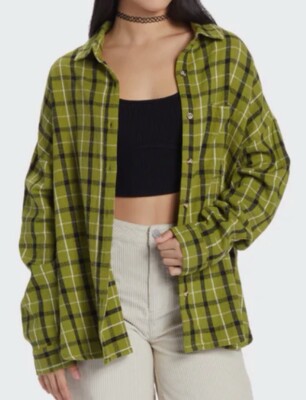 NWT Roxy Chloe Kim Oversized Flannel Shirt IGUANA PLATZ PLAID