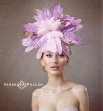 Aimee Fuller Lavender Kentucky Derby Hat Pink Big Ascot Fascinator Gold Leaf