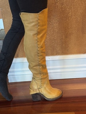 FREE PEOPLE AUBURN TALL OVER THE KNEE BOOTS MUSTARD YELLOW LEATHER SZ 39 US 8 
