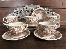 Fair Winds Alfred Meakin Staffordshire Brown 5 Cups And Saucers + Extra Saucer