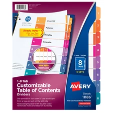 Ready Index Dividers, TOC,1-8 Tab,3HP,8-1/2"x11",6/PK,Multi