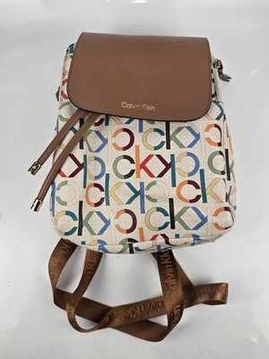 Calvin Klein Weston Backpack Multicolor Monogram Logo Brown Flap Faux Leather