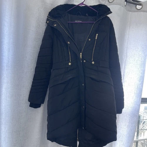Guess Black Chevron Puffer Jacket Faux Fur Hood Down Feather Fill Women’s Size S - product listing photo