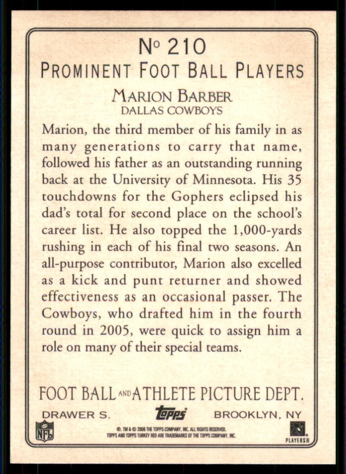 2005 Topps Turkey Red #210 Marion Barber RC Rookie Dallas Cowboys - Image 2 of 2