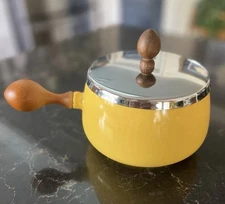 Vintage Bright Yellow Enamelware MCM Fondue Pot With Wood Handles And Lid