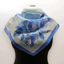 Vintage 25" Square Scarf Cream w Blue Floral Print Chiffon Retro Grannycore