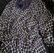 Michael Kors Navy White Animal Print Blouson Dress Small V Neck Long Sleeve