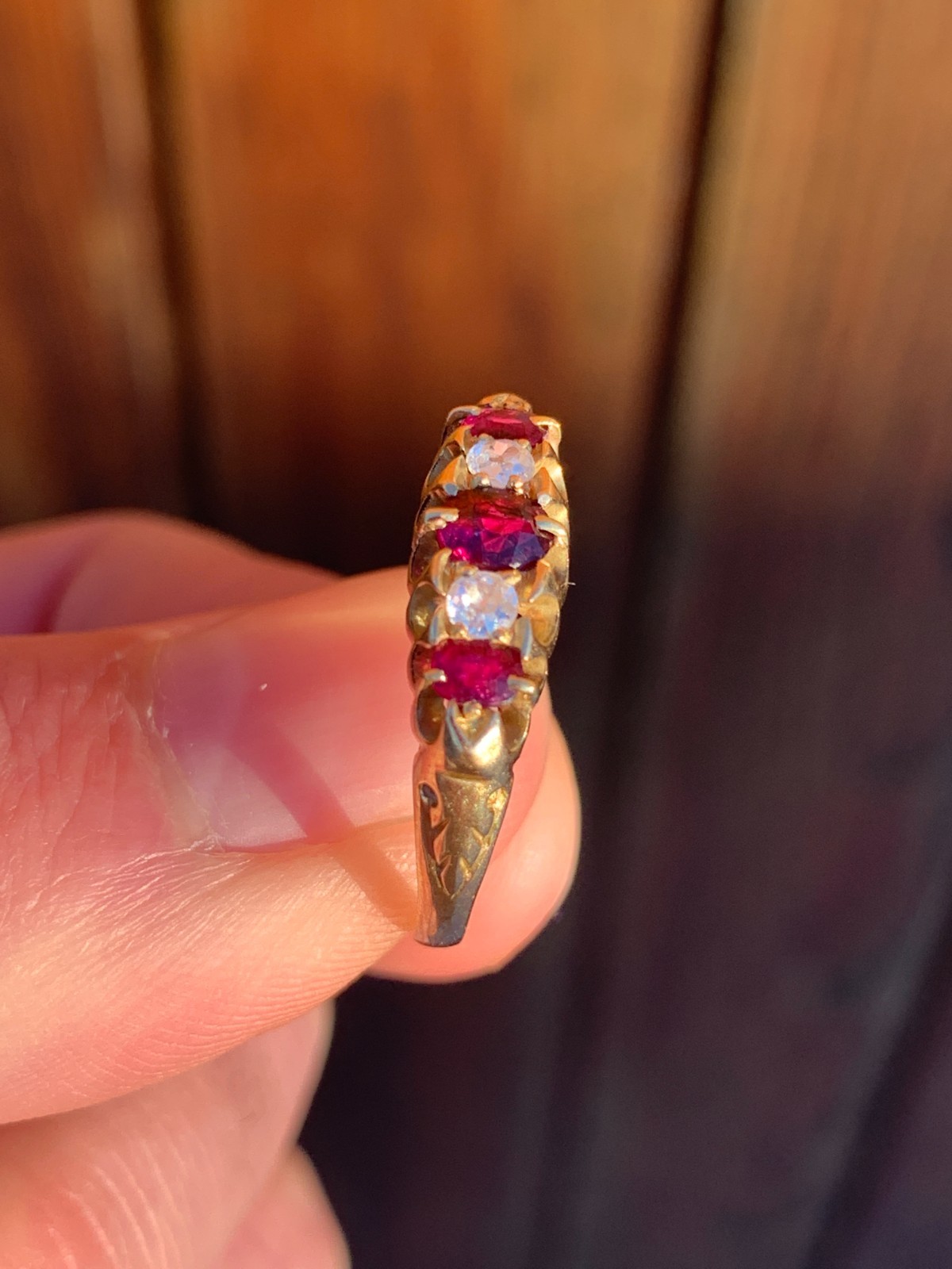 18ct gold diamond ruby 5 stone ring Victorian - image 3