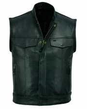 Mens Motorcycle Biker Black Leather Vest Anarchy Club Concealed Carry-waistcoat