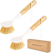2 Pack Kitchen Dish Brushes with Bamboo Handle, Dish Scrubber Built-in Scrape...