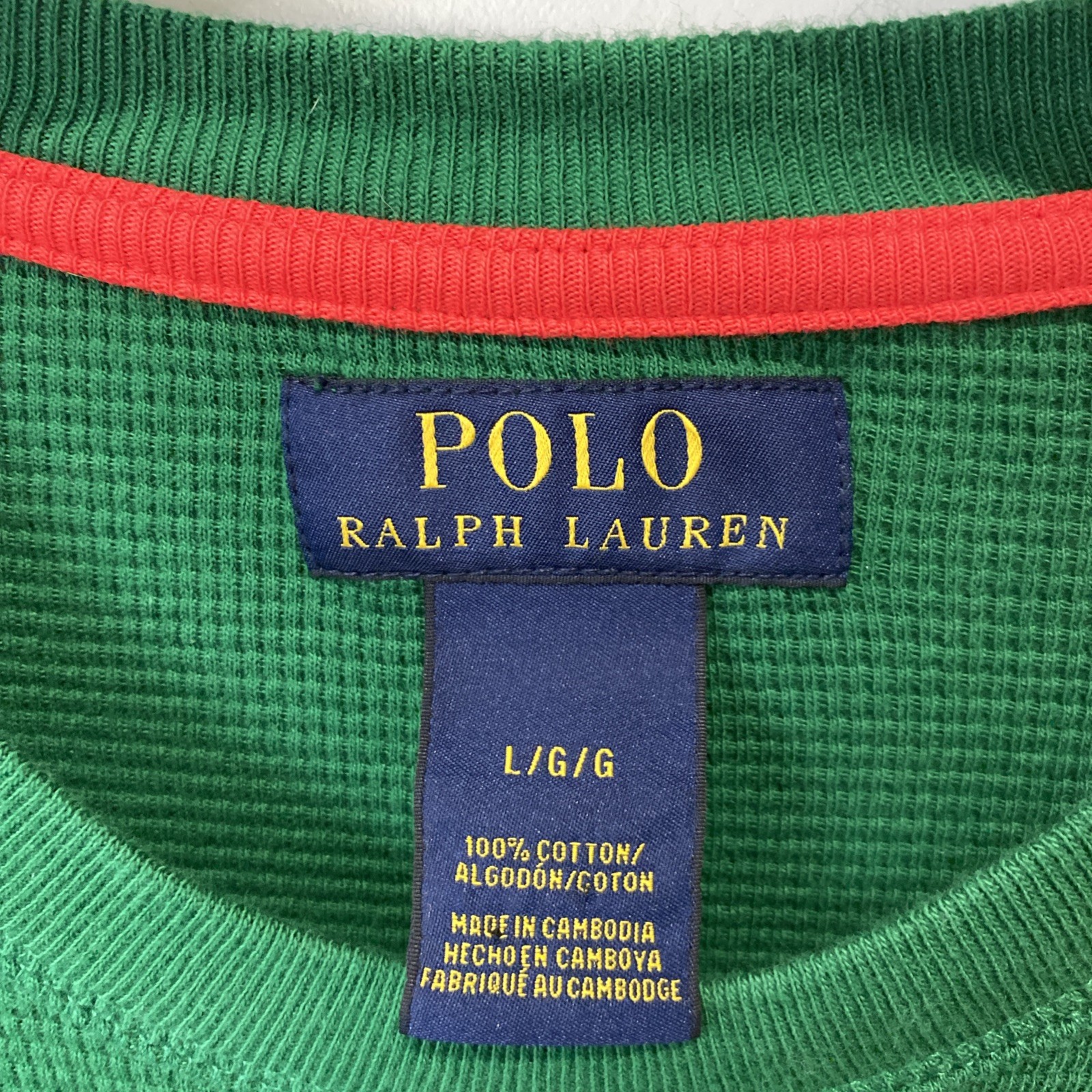 Polo Ralph Lauren camicia L verde waffle termica manica lunga girocollo arancione pony