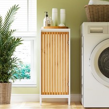 Freestanding Minimalist Side Cabinet Bamboo Slats Door White Natural Finish