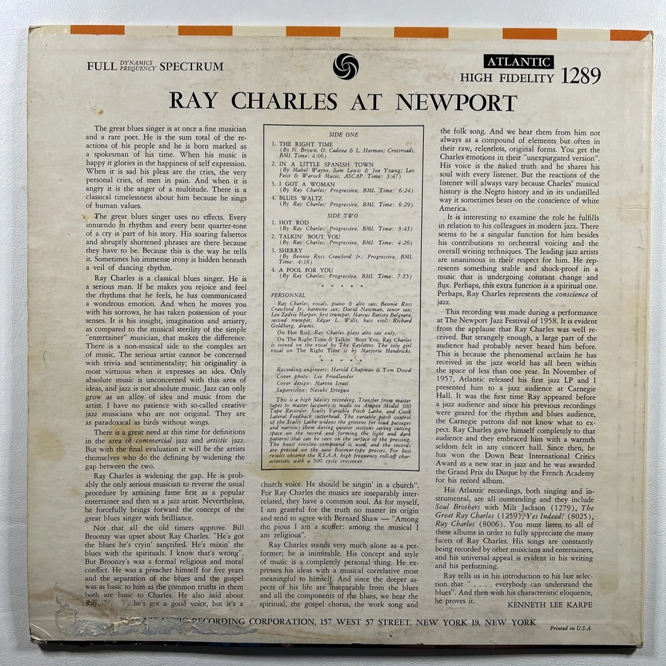Ray Charles “Ray Charles At Newport” LP/Atlantic 1289 (VG) 1958 Mono Black Label - Image 2 of 4