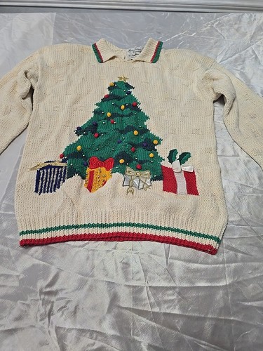 Cream Vintage Marisa Christina Knit Collar Christmas tree Shoulder Pad Sweater - Picture 2 of 9
