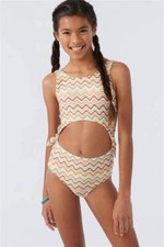 O'Neill Girls 10 Cut Out Lagoon Stripe 1 Pc Swimsuit Orange Khaki Brown