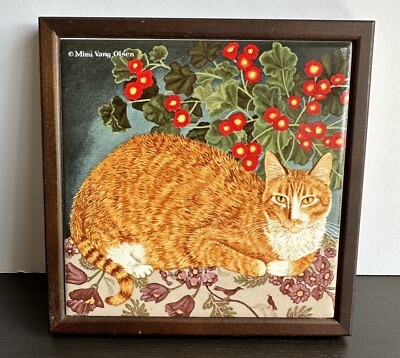 Vintage Mimi Vang Olsen Avon Orange Tabby Cat Ceramic Trivet Tile Frame 6.75 