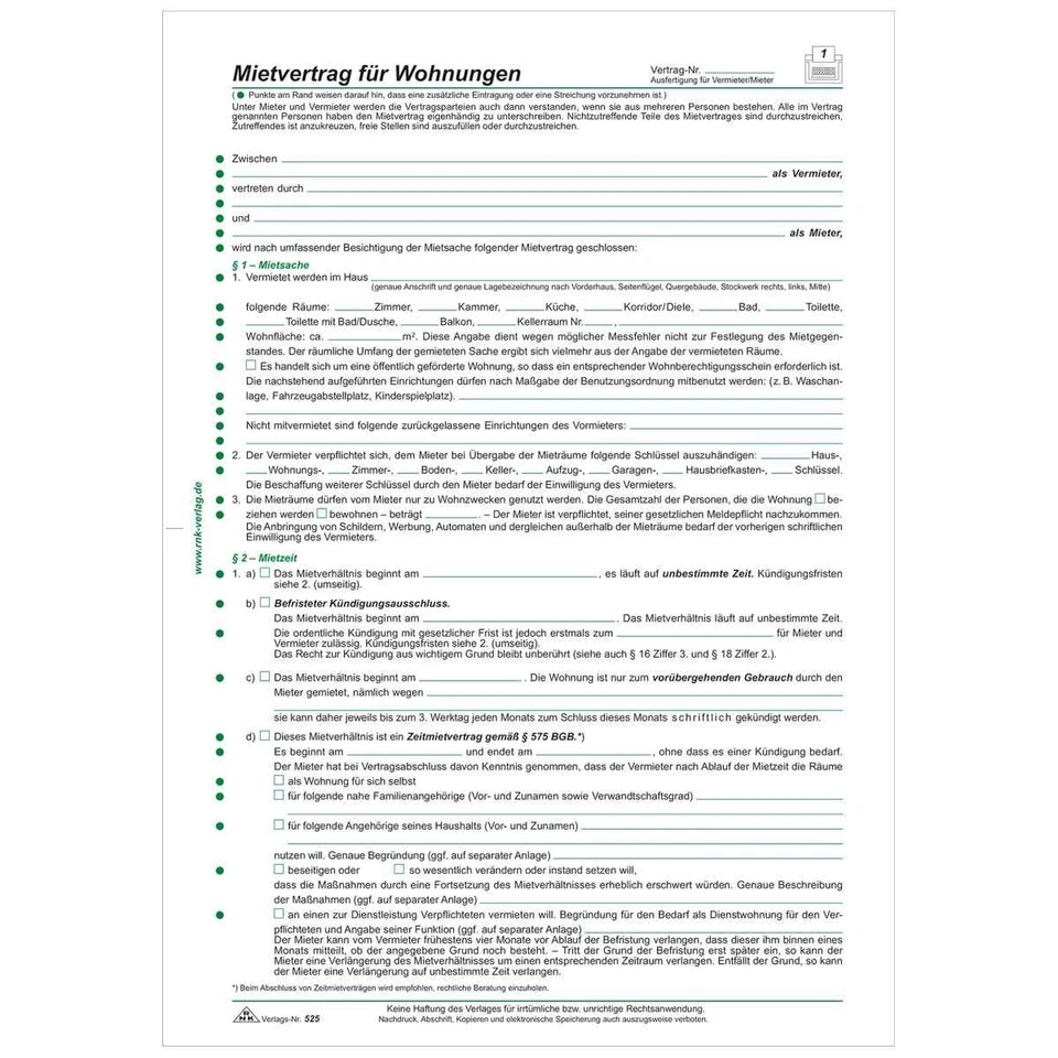 RNK Mietvertrag 525 für Wohnung 6 Seiten A4