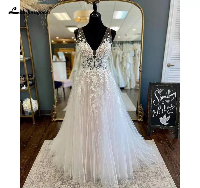 Vestido de novia sin espalda cuello en V boho apliques de encaje línea A vestidos de novia sin mangas Foto 2 de 4