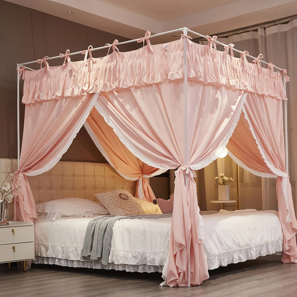Ruffle Lace up 4 Corners Post Princess Curtain Bed Canopy Cozy Breathable Mos... - Image 4 of 4