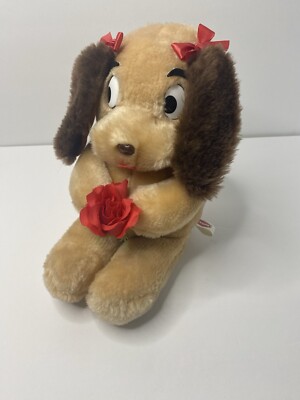 Etone 1985 Dog Plush 9  Red Bows Holding Rose Flower Vintage Stuffed Animal