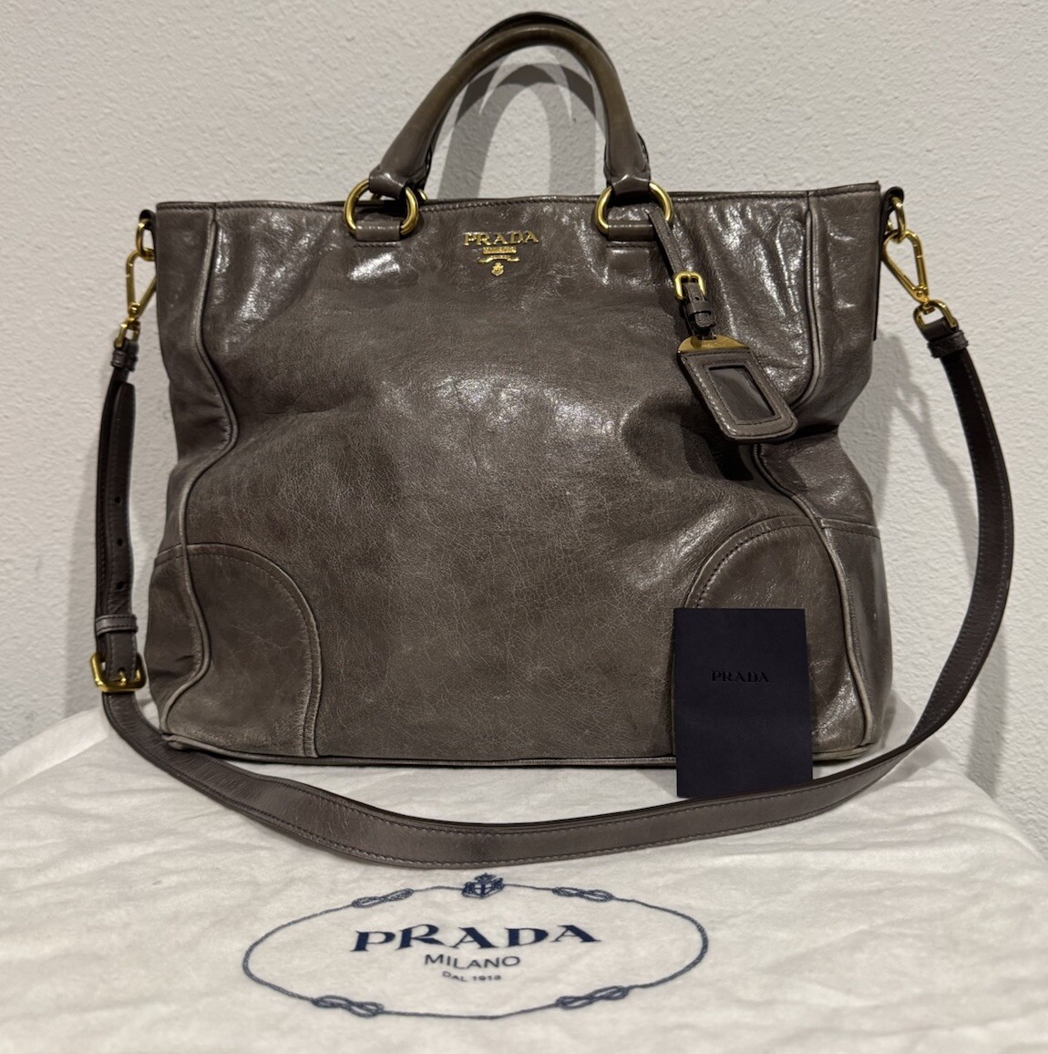 PRADA Vitello Shine 2Way Leather Bag Grey Tote Bag - Main Image