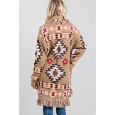 Taupe Western Native Tribal Aztec Boho Fringe Knit Open Cardigan