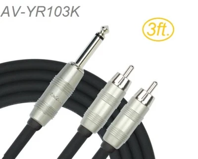 3ft Kirlin 1/4" TS Mono Male Plug to Dual RCA Male OFC Noise-Free Audio Y-Cable
