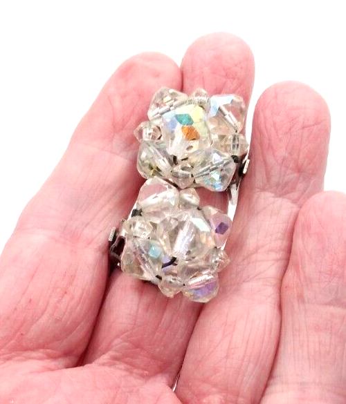 Vintage 1950's Silver Tone Aurora Borealis Beads .5" Square Clip On