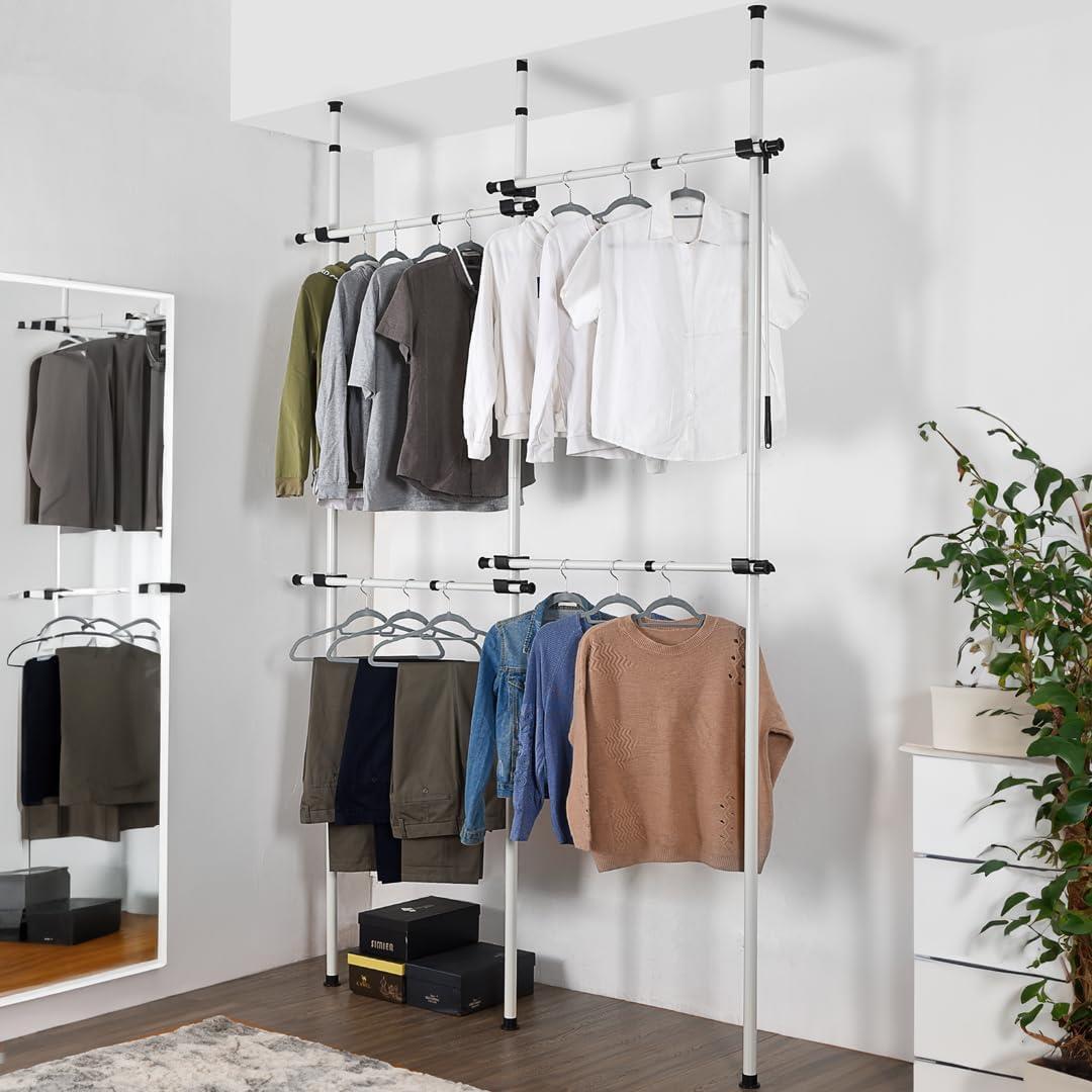 Telescopic Wardrobe Organise Hanging Double Rail Clothes Rack Adjustable  Storage