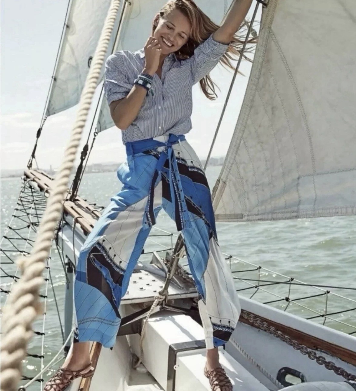 NWT J Crew Tie Waist Pants Ratti Regatta Print Wide Leg Sz 2 Sold Out