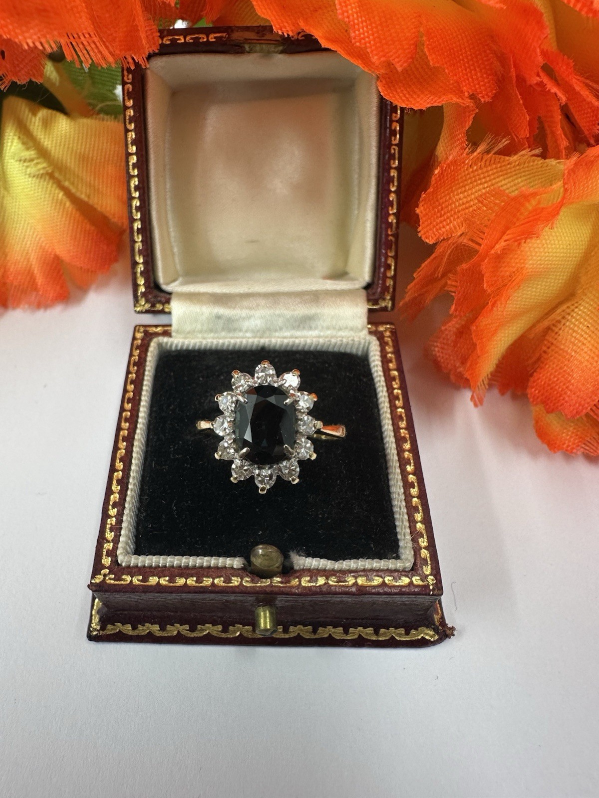 Pretty 1ct Sapphire & Diamond Cluster Ring. Size M. Fully Hallmarked