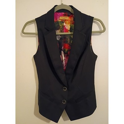 Ted Baker Black Sleeveless  Vest with Floral Lining And Back Wool Blend Sz 1 S
