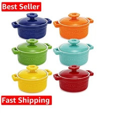 Set of 6 Mini Cocotte with Lid, 8 Oz Ceramic Ramekins with Handles, Small Cas...