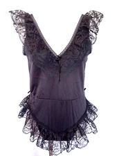 Vintage Alana Gale Black Lace Teddy Ruffle French Cut Bodysuit L Lingerie SMALL