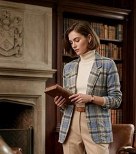 Y2K Claiborne Liz Wear Cotton Blue Plaid Blazer Sz MP Jacket Preppy Old Money