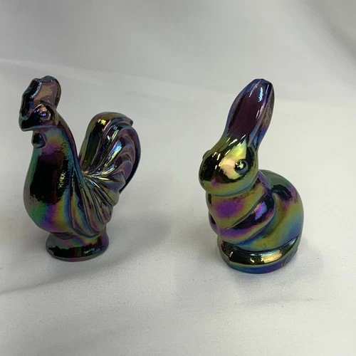 Fenton Rooster And Rabbit Carnival Glass Figurines Glossy Iridescent