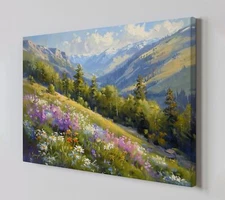 Colourful Mountain Flowers Canvas Print, Large Landscape Wall Art, Home Decor