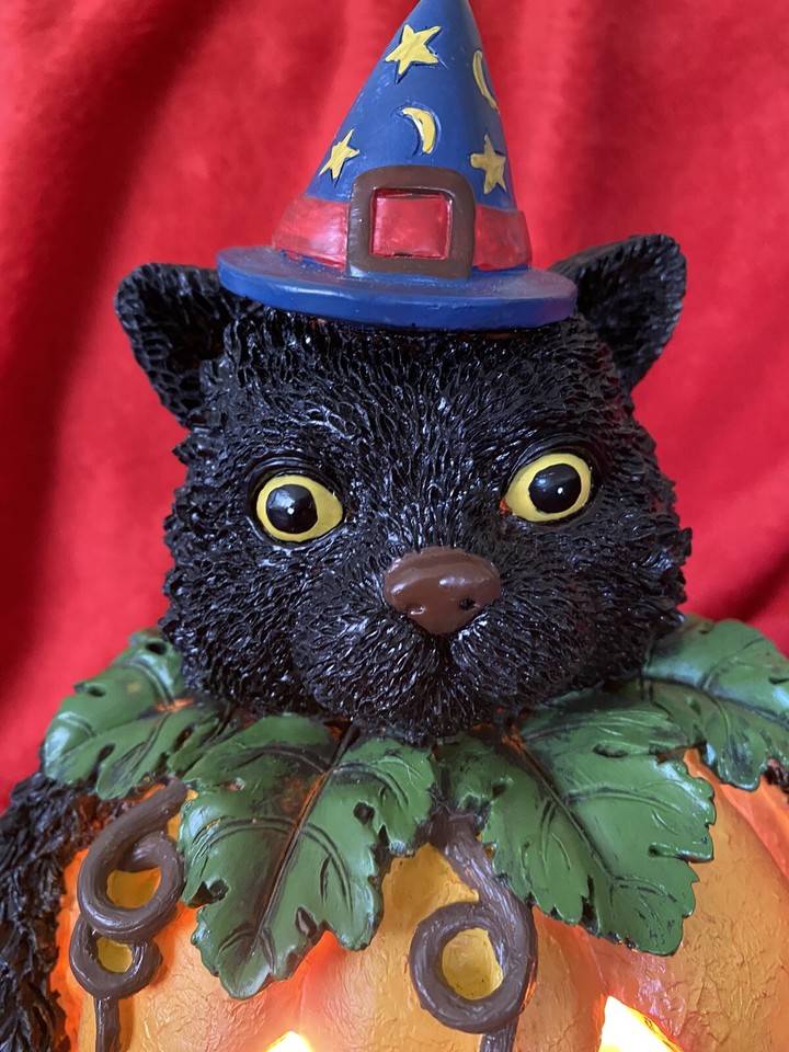 Very Cute Black Cat with Lighted Pumpkin Halloween Hard Resin eBay