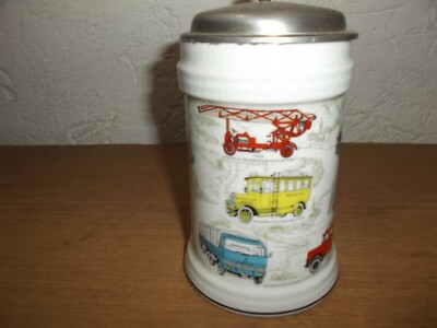 Deutz Krug mit Zinndeckel, LKW- Krug, Bus- Krug, Feuerwehr- Krug, Andenken- Krug