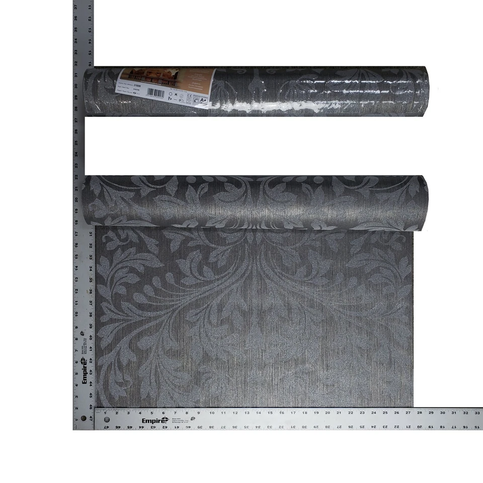 Floral Damask Glassbeads textured charcoal gray silver Metallic lines Wallpaper - Image 2 of 4