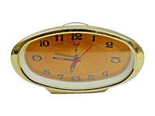 Five Rams Chinese Alarm Clock, 1960s Oval Gold Tone, Mechanical Wind-Up, Working