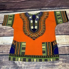 African Print Tunic Shirt Top Size Medium Bright Colorful Pullover Shirt Orange