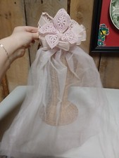 Vintage White Wedding Veil Hair Comb Tulle w/ Pink Hand Knit  Flower  Perl